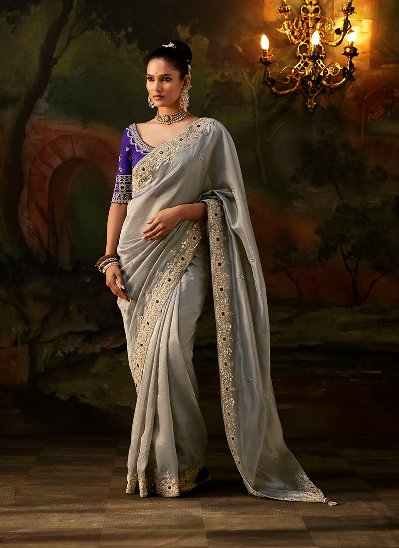 Viscose Zari Tissue Heavy Embroidery Sequence Work Designer  Saree