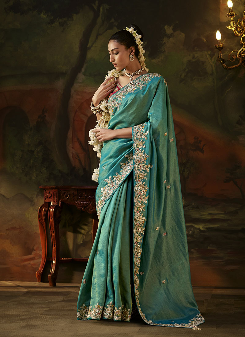 Viscose Zari Tissue Heavy Embroidery Sequence Work Designer  Saree