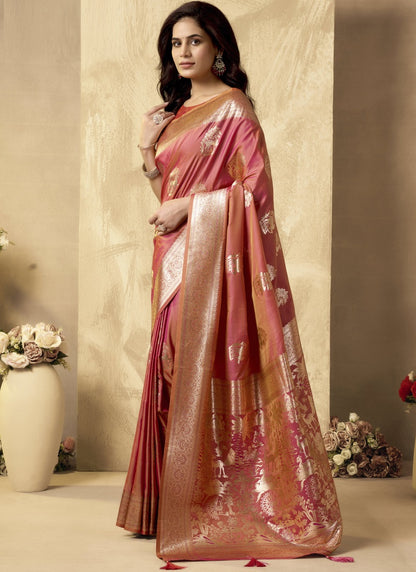 Peach Art Silk Beautiful Zari With Tussles & Rich Pallu Saree