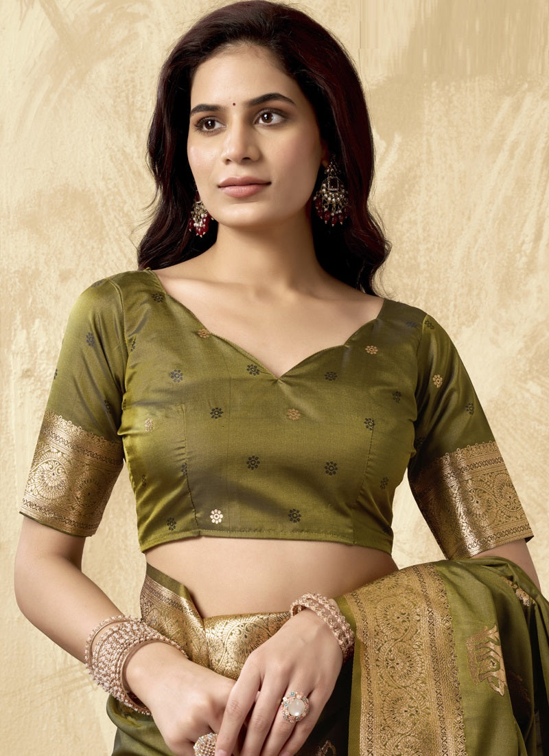 Mehndi Art Silk Beautiful Zari With Tussles & Rich Pallu Saree