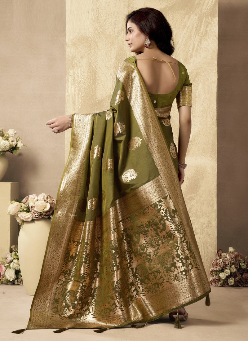 Mehndi Art Silk Beautiful Zari With Tussles & Rich Pallu Saree