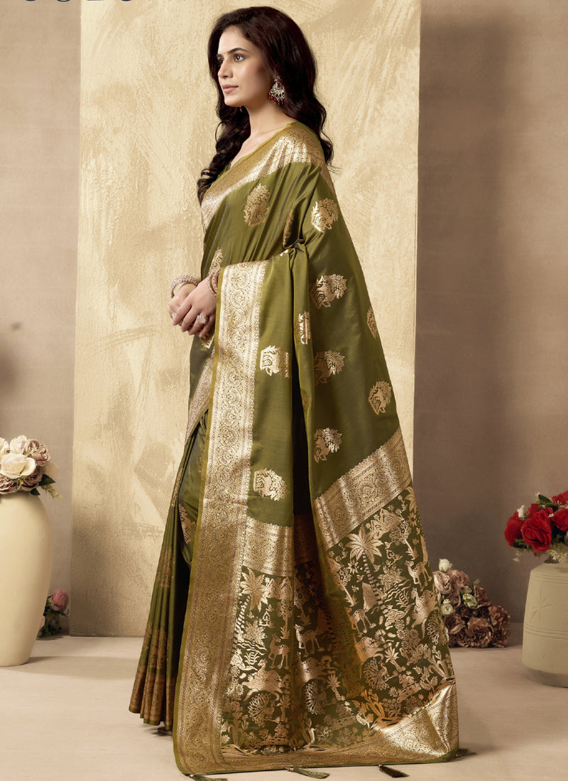 Mehndi Art Silk Beautiful Zari With Tussles & Rich Pallu Saree