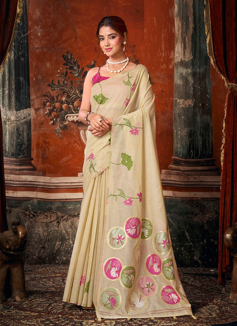 Khadi Cotton With Natural Texture & Jhallar Festive Wear Saree