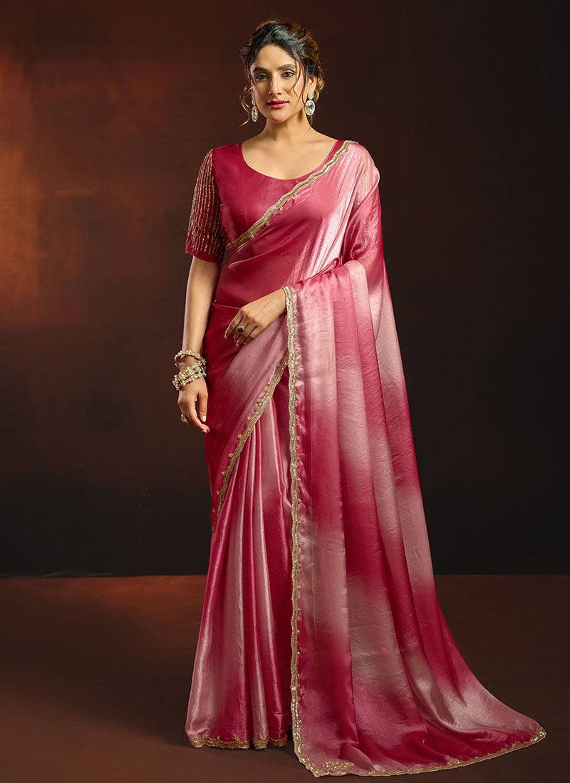 Shaded Satin Beads Work Border Party Wear Saree