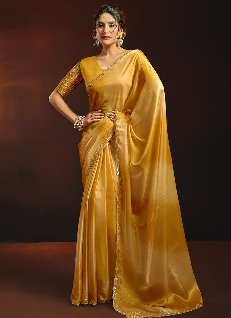 Shaded Satin Beads Work Border Party Wear Saree
