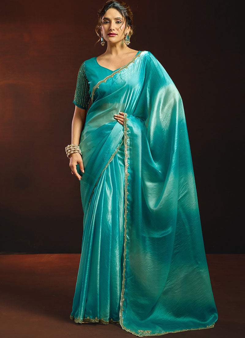 Shaded Satin Beads Work Border Party Wear Saree