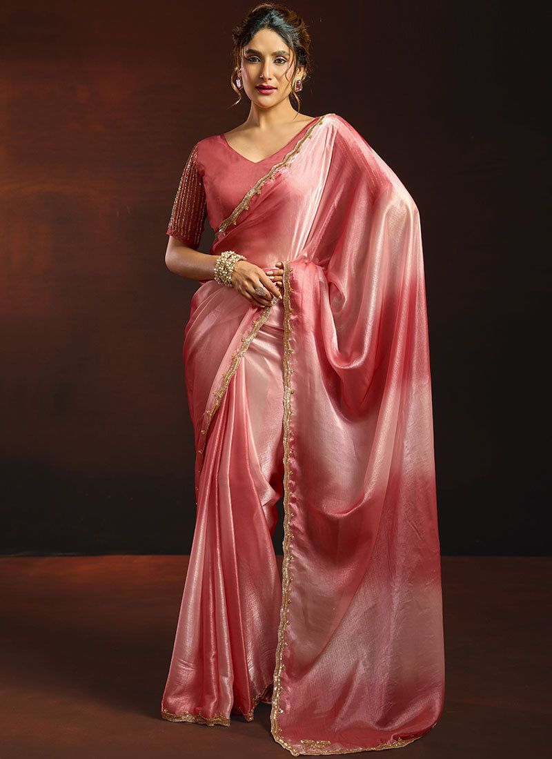Shaded Satin Beads Work Border Party Wear Saree
