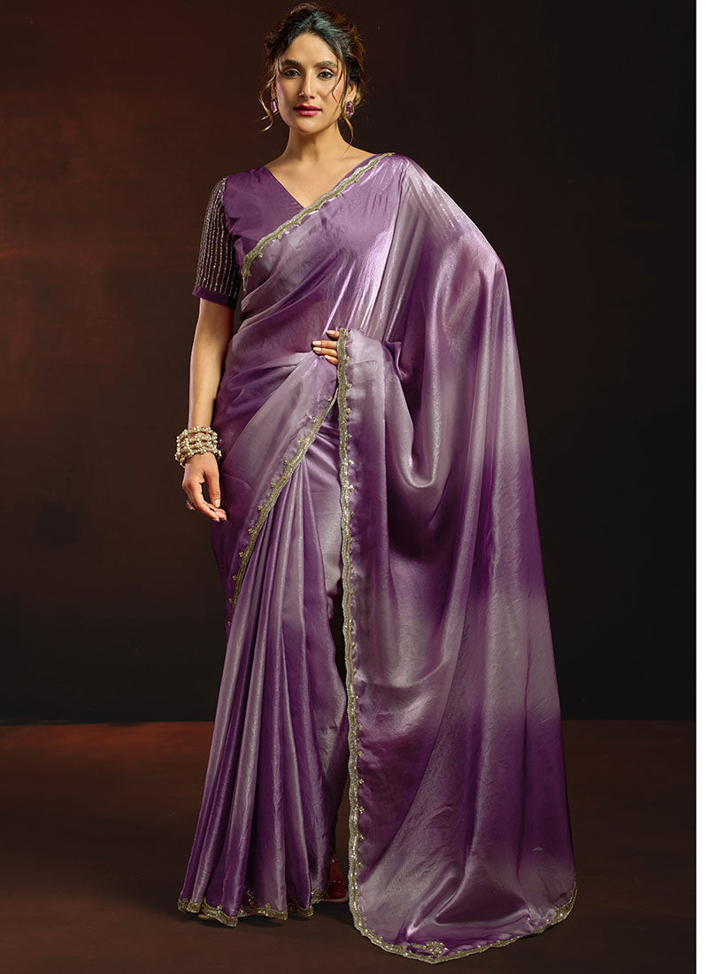 Shaded Satin Beads Work Border Party Wear Saree