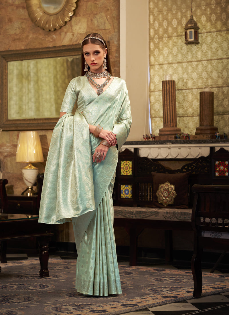 Soft Satin Silk Silver Weaving Traditional Wear Saree