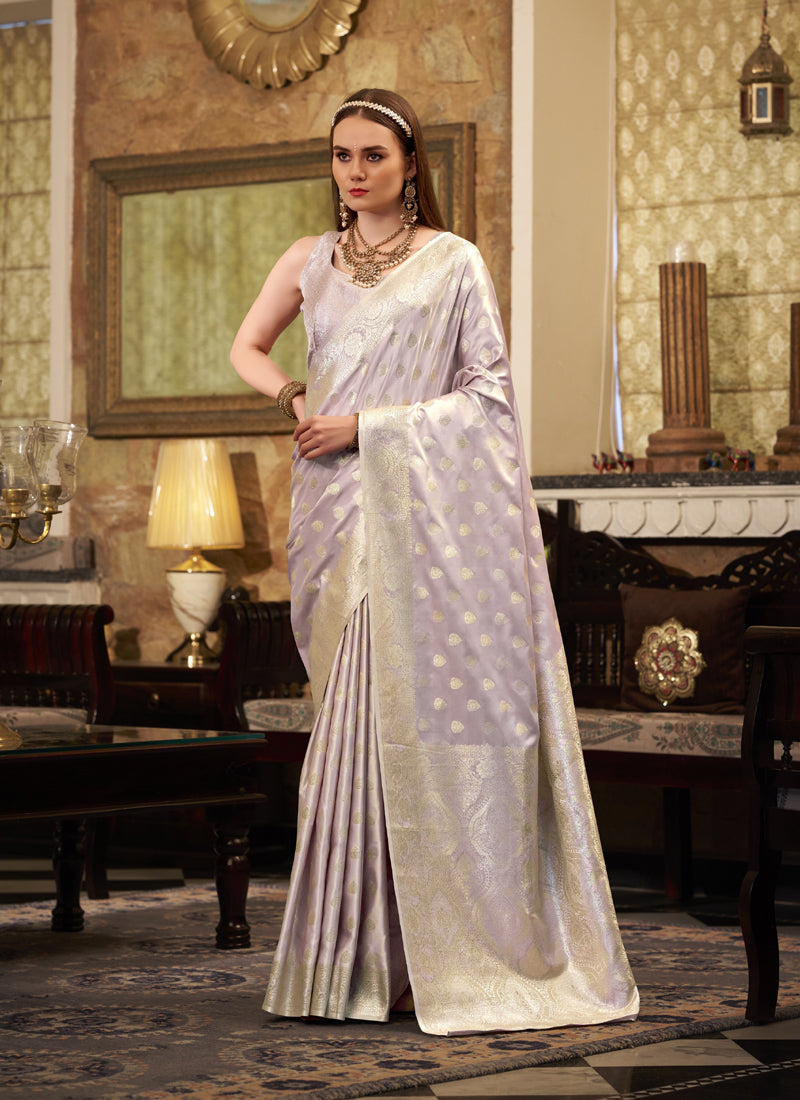 Soft Satin Silk Silver Weaving Traditional Wear Saree