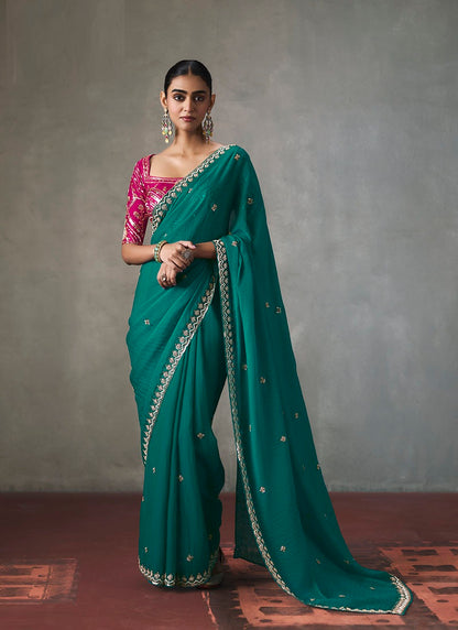 Fancy Sequin Border With Heavy Designer Blouse Party Wear Saree