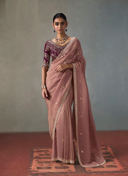 Fancy Sequin Border With Heavy Designer Blouse Party Wear Saree