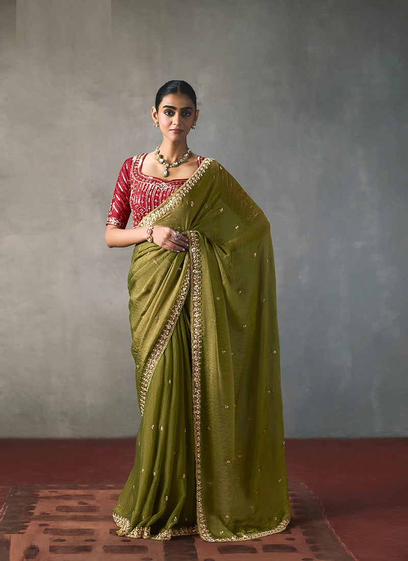 Fancy Sequin Border With Heavy Designer Blouse Party Wear Saree