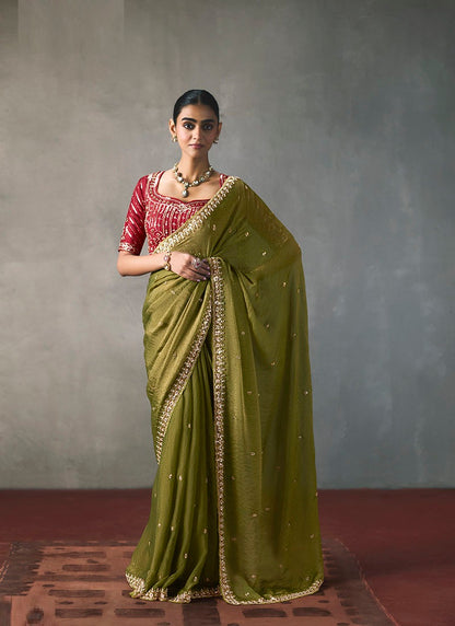 Fancy Sequin Border With Heavy Designer Blouse Party Wear Saree