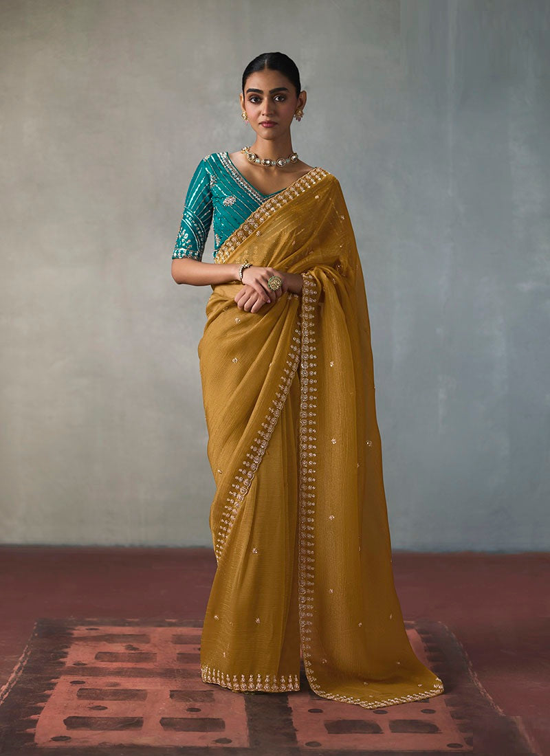 Fancy Sequin Border With Heavy Designer Blouse Party Wear Saree