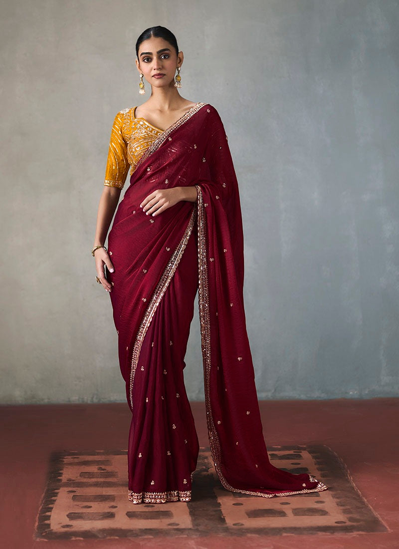 Fancy Sequin Border With Heavy Designer Blouse Party Wear Saree