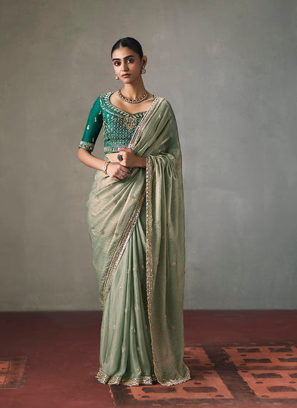 Fancy Sequin Border With Heavy Designer Blouse Party Wear Saree