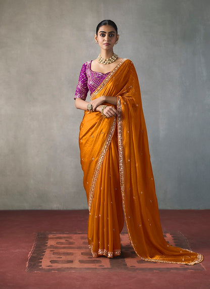 Fancy Sequin Border With Heavy Designer Blouse Party Wear Saree