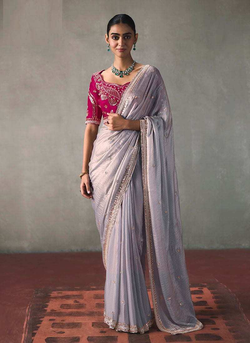 Fancy Sequin Border With Heavy Designer Blouse Party Wear Saree