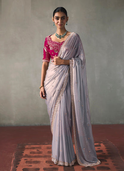 Fancy Sequin Border With Heavy Designer Blouse Party Wear Saree