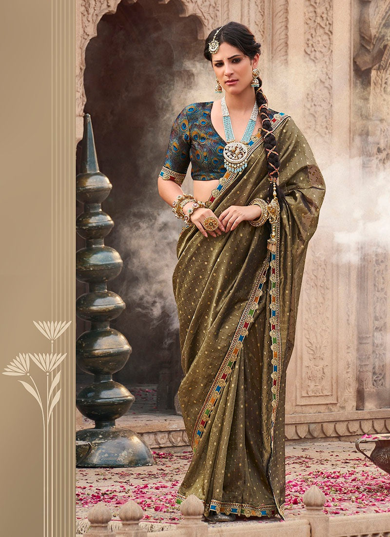 Zari Tissue Multicolur Lace Work Festive Wear Saree