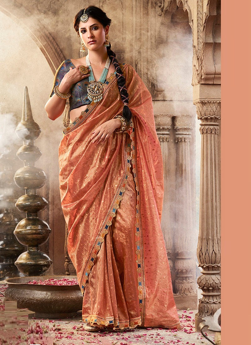 Zari Tissue Multicolur Lace Work Festive Wear Saree
