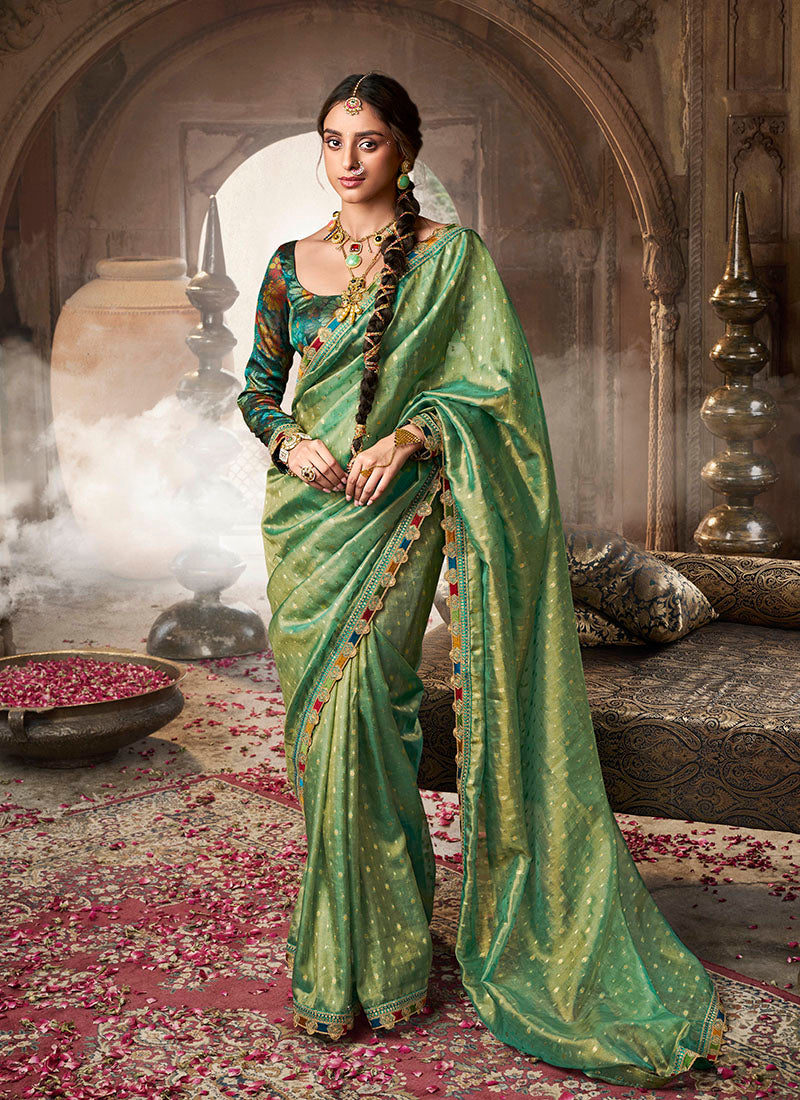 Zari Tissue Multicolur Lace Work Festive Wear Saree