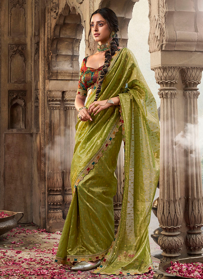 Zari Tissue Multicolur Lace Work Festive Wear Saree