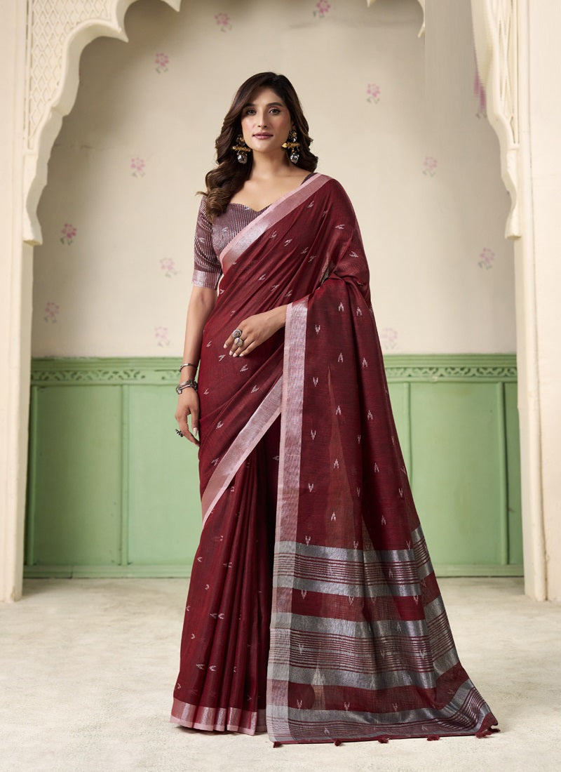 Linen Cotton Saree with Silver Zari Border, Elegant Party & Casual Wear
