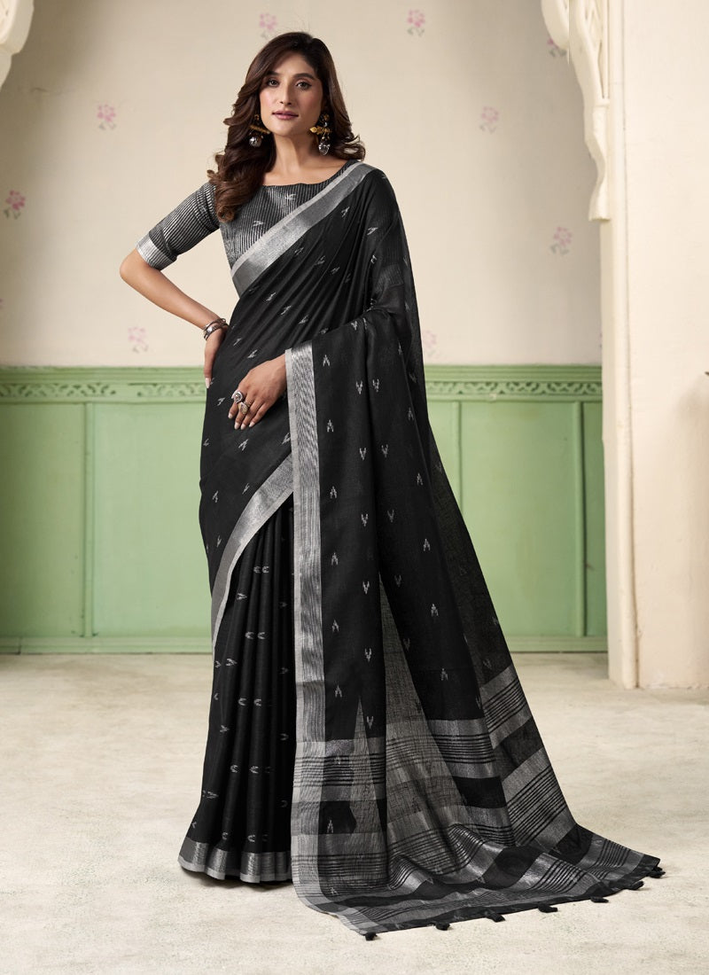 Linen Cotton Saree with Silver Zari Border, Elegant Party & Casual Wear