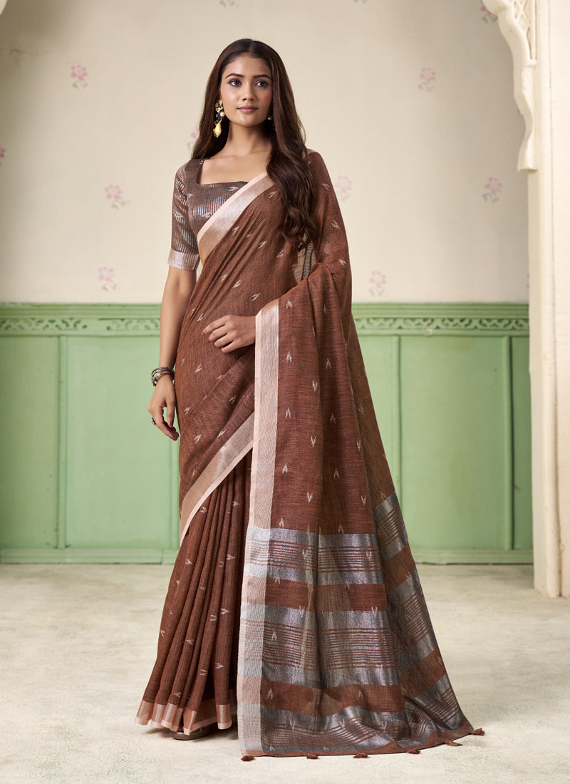 Linen Cotton Saree with Silver Zari Border, Elegant Party & Casual Wear