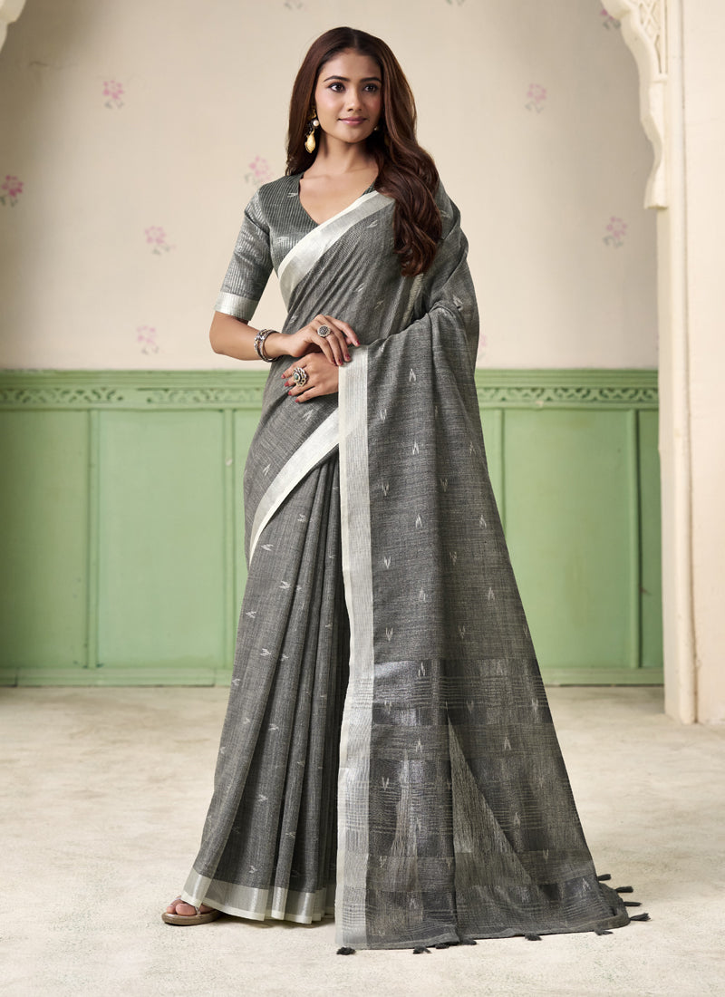 Linen Cotton Saree with Silver Zari Border, Elegant Party & Casual Wear