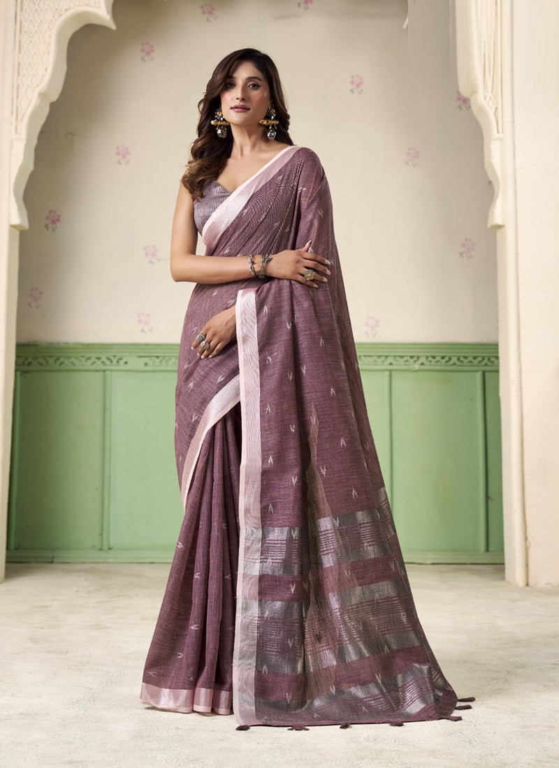 Linen Cotton Saree with Silver Zari Border, Elegant Party & Casual Wear