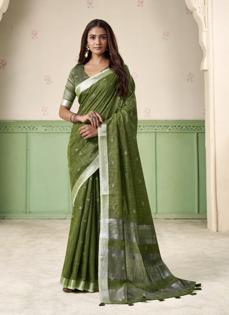 Linen Cotton Saree with Silver Zari Border, Elegant Party & Casual Wear