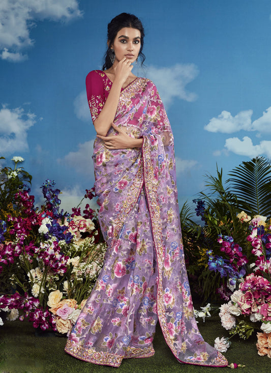 Lavender Brasso Embroidery Saree Designer Blouse with Attached Tussles On Pallu