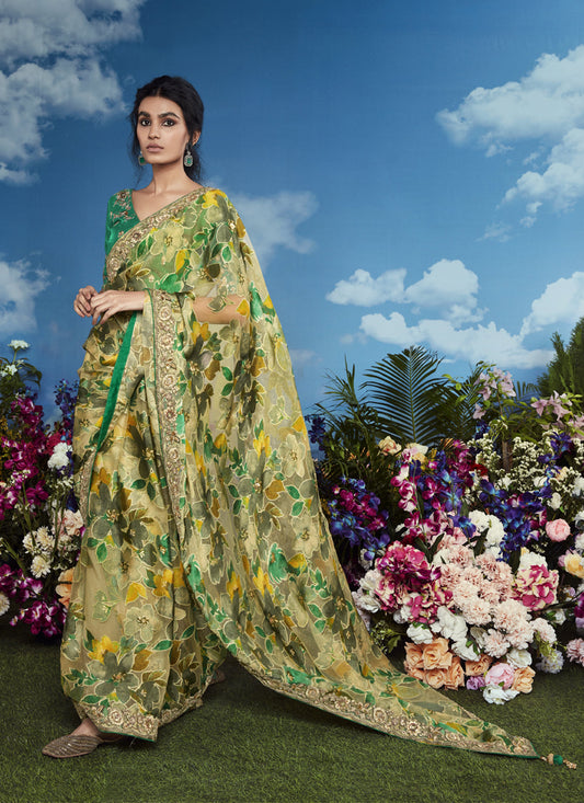 Green Brasso Embroidery Saree Designer Blouse with Attached Tussles On Pallu