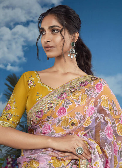 Baby Pink Brasso Saree Designer Blouse with Attached Tussles On Pallu