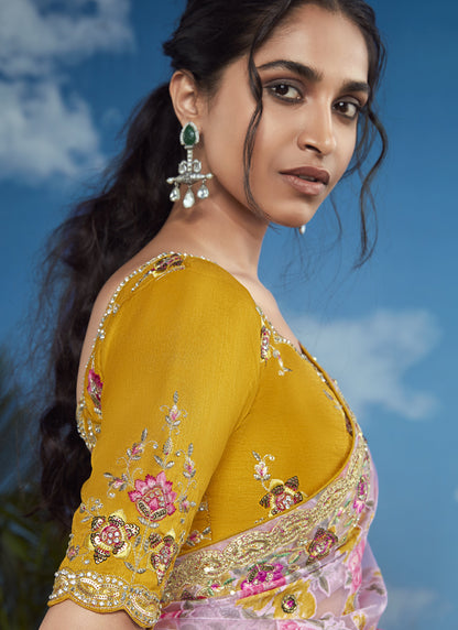 Baby Pink Brasso Saree Designer Blouse with Attached Tussles On Pallu