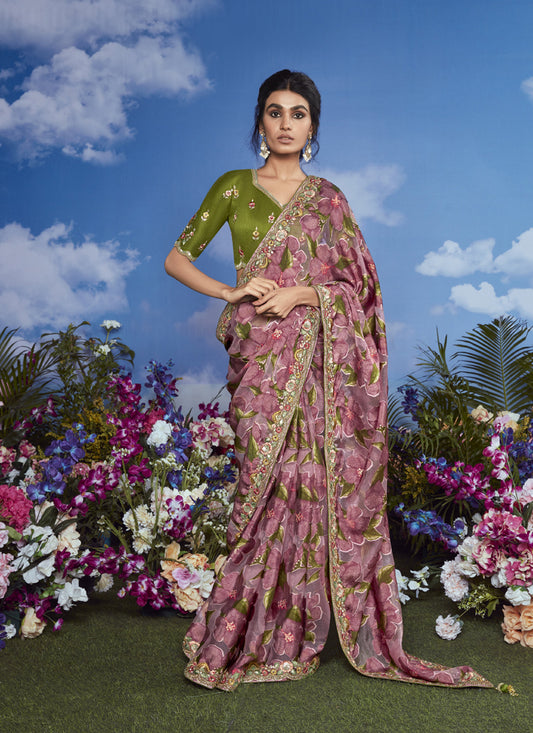 Onion Pink Brasso Designer Blouse with Attached Tussles On Pallu