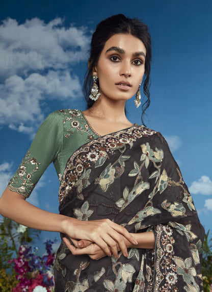 Black Brasso Designer Blouse with Attached Tussles On Pallu