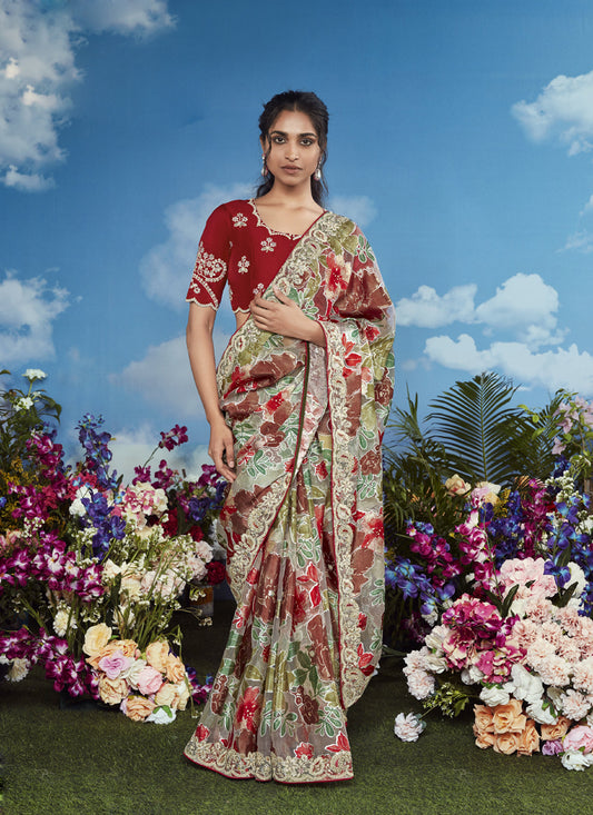 Multicolour Brasso Designer Blouse with Attached Tussles On Pallu