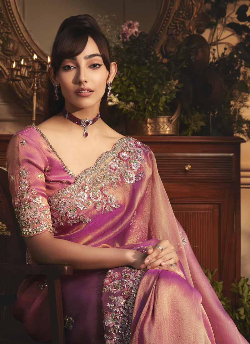 Peach Tissue Organza With Designer Butta Work All Over Saree