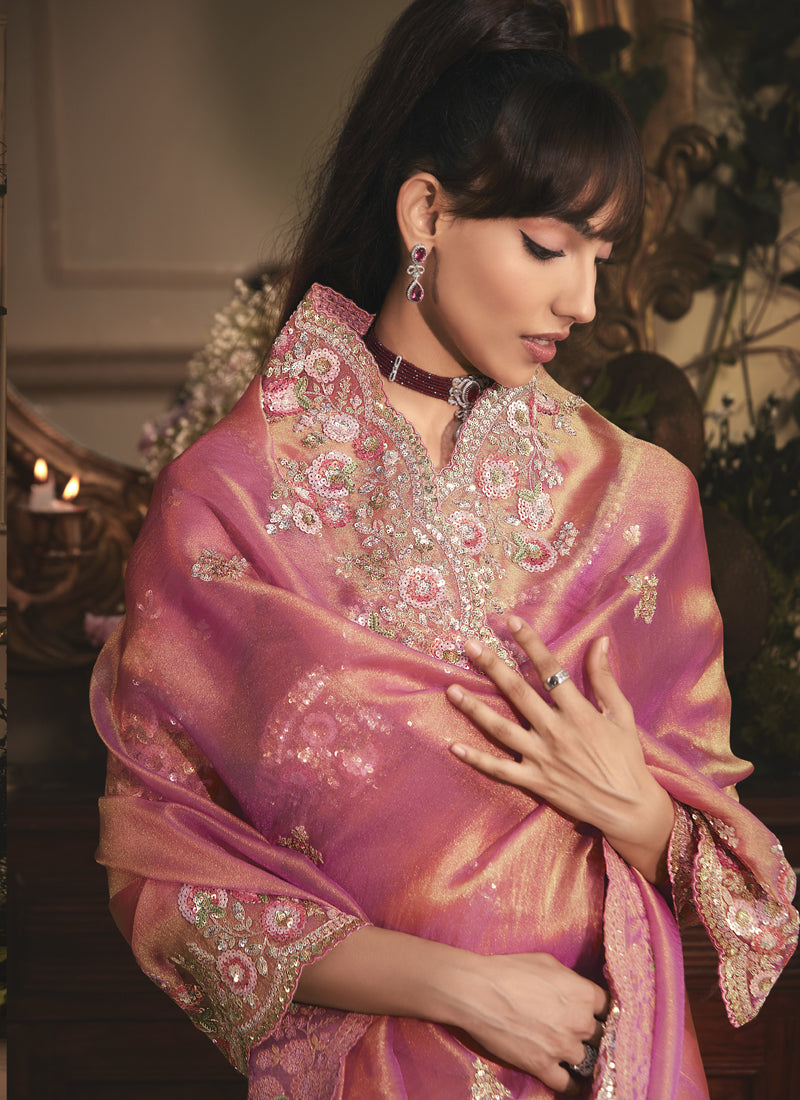 Peach Tissue Organza With Designer Butta Work All Over Saree