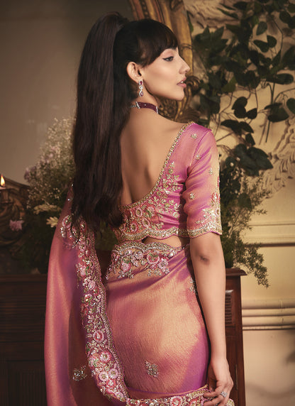 Peach Tissue Organza With Designer Butta Work All Over Saree