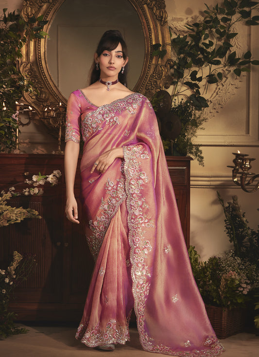 Peach Tissue Organza With Designer Butta Work All Over Saree