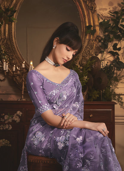 Lavender Tissue Organza With Sequence Designer Work All Over Saree