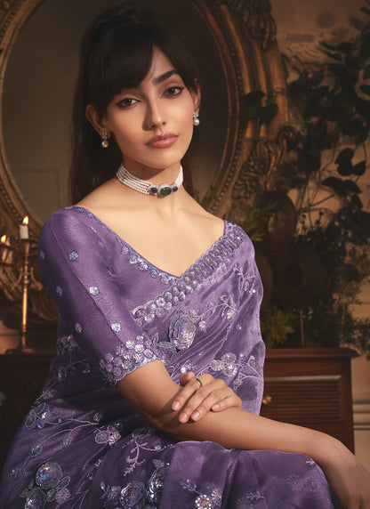 Lavender Tissue Organza With Sequence Designer Work All Over Saree
