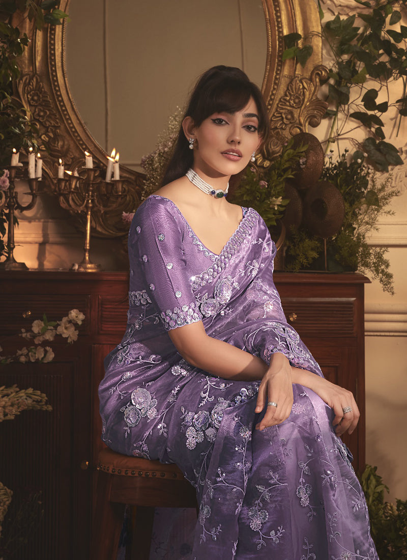 Lavender Tissue Organza With Sequence Designer Work All Over Saree
