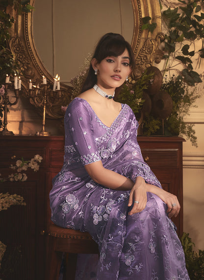 Lavender Tissue Organza With Sequence Designer Work All Over Saree