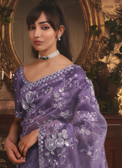 Lavender Tissue Organza With Sequence Designer Work All Over Saree